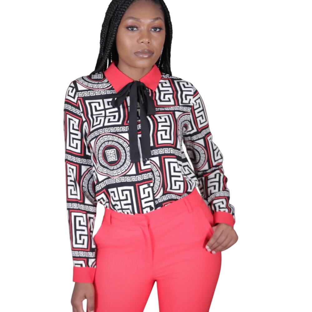 OVI Geometric Print Tie Neck Button Down Blouse Womens Plus Size 1XL Maximalist